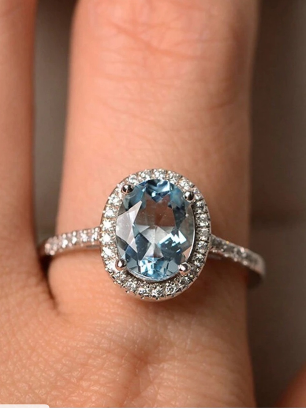 Aquamarine Halo Oval Ring in Silver Women Jewelry